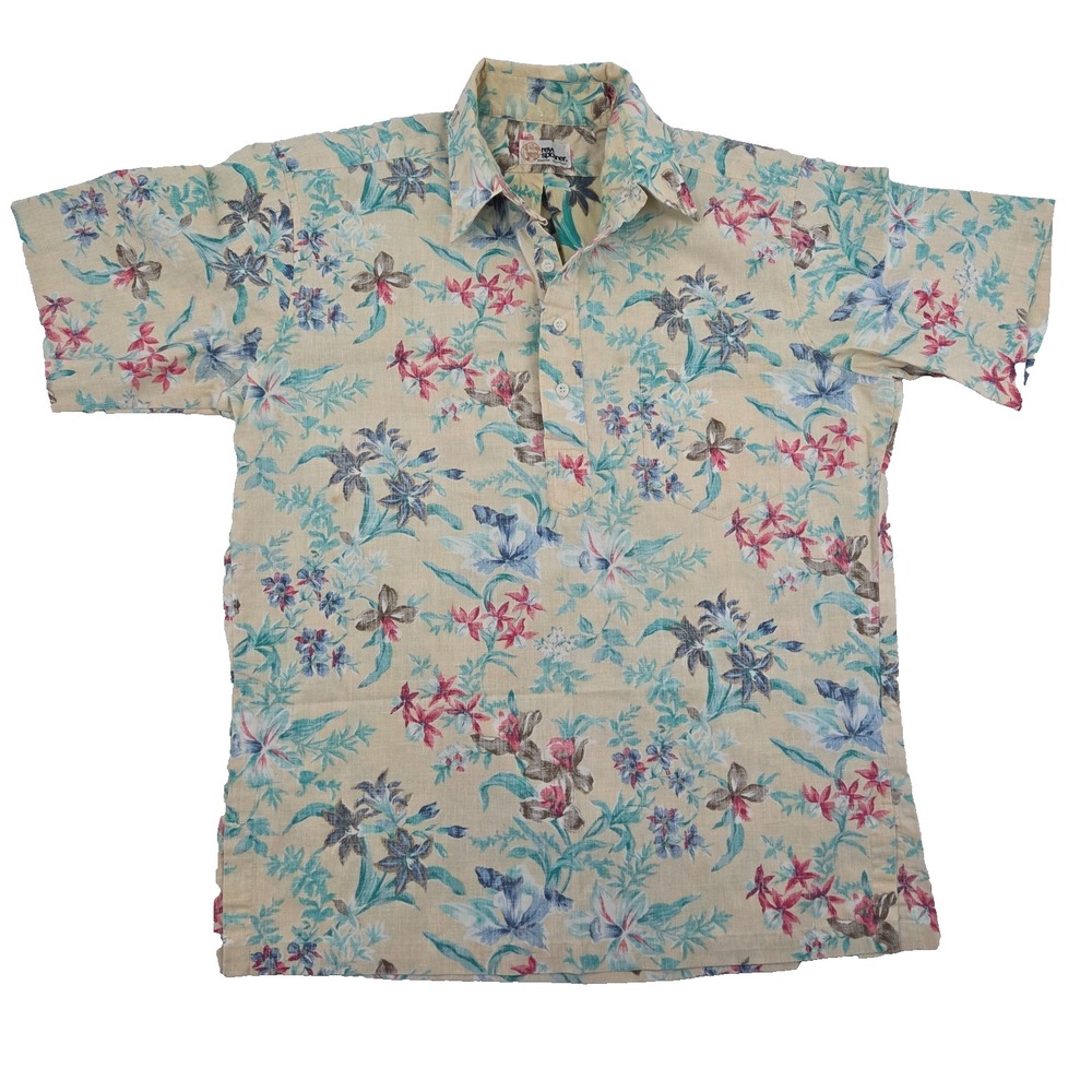 VTG Reyn Spooner Floral PULLOVER Shirt Sz Md Inside Out 80s USA Made Yellow Rare